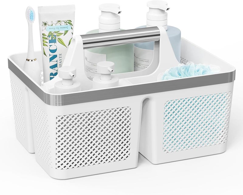 BYUNER Plastic Shower Caddy Dorm: Portable Bathroom Caddy Organizer with Handle and Holes, Cleaning Basket, Hard Shower Basket Storage Tote for Toiletry, College Dorm Room Essentials White/Silver - Image 1